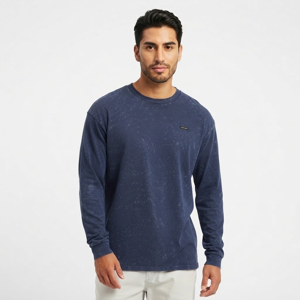 Under Armour Long Sleeve T-Shirt Mens L Navy New Heavyweight Oversized Logo Wash